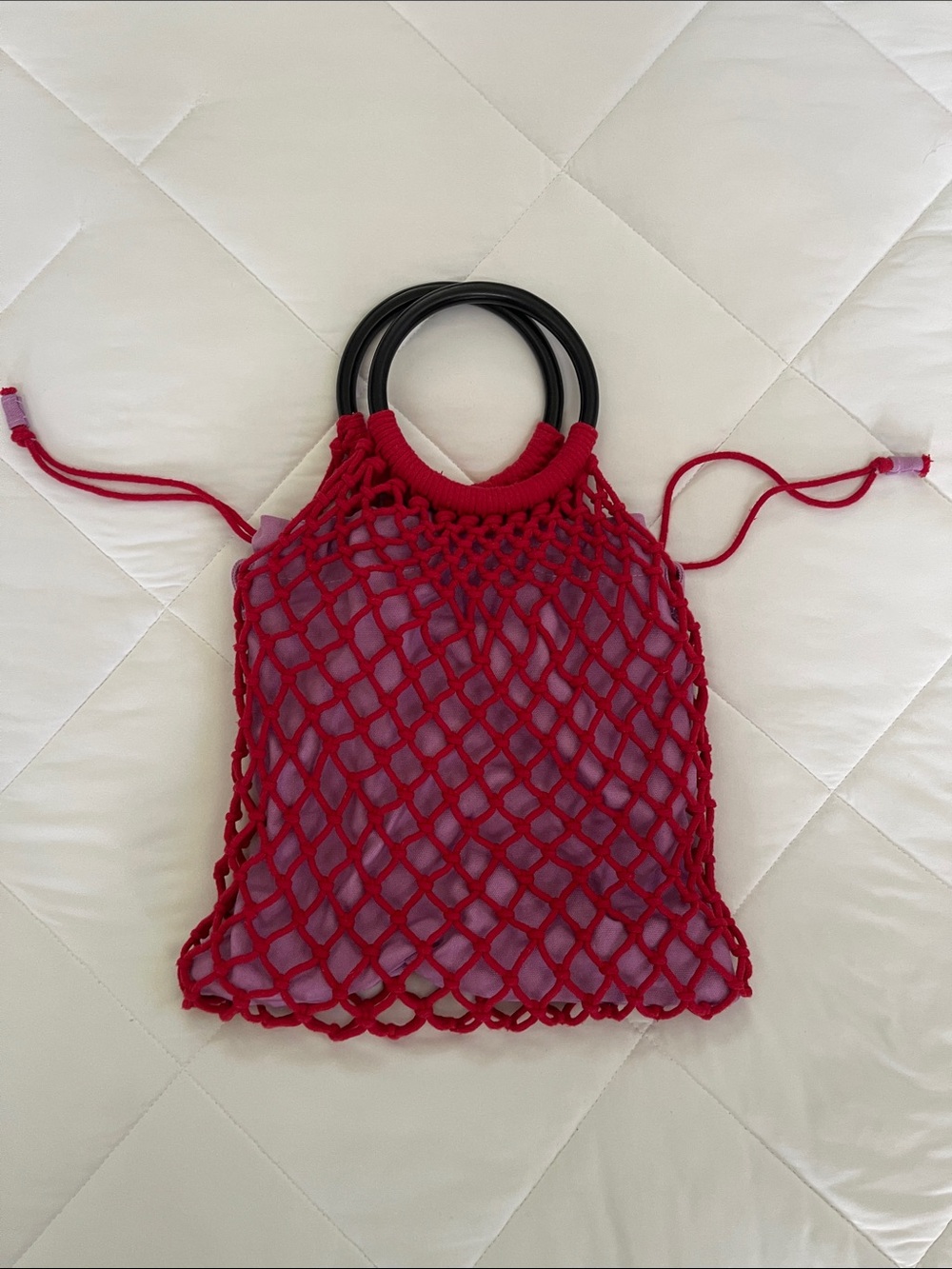 Banana Republic Lavender Canvas Tote with Red Crochet Detail and Black Handle